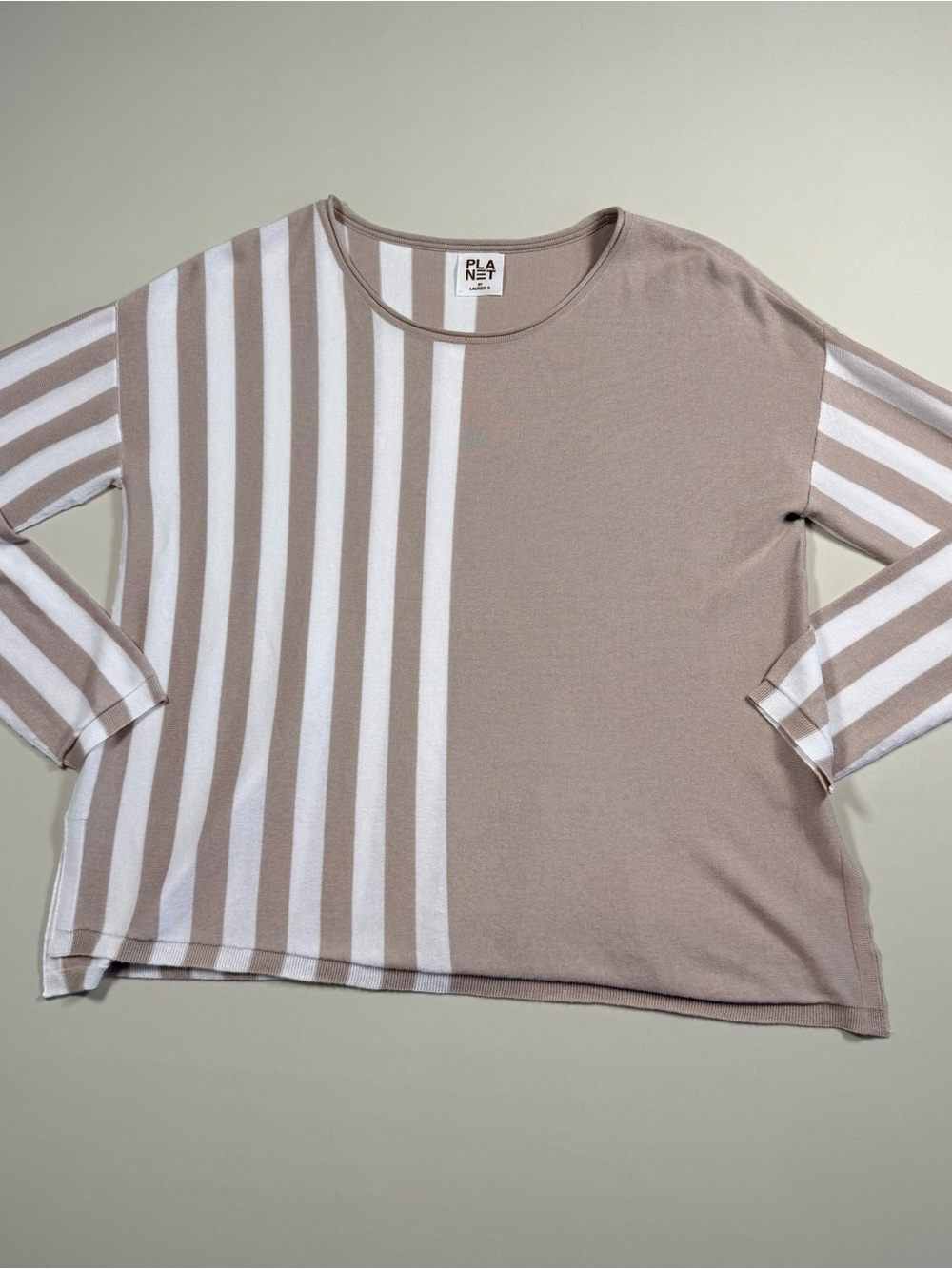 PLANET by Lauren G Pima Modal Striped Sweater Taupe Ivory Long Sleeve One Size